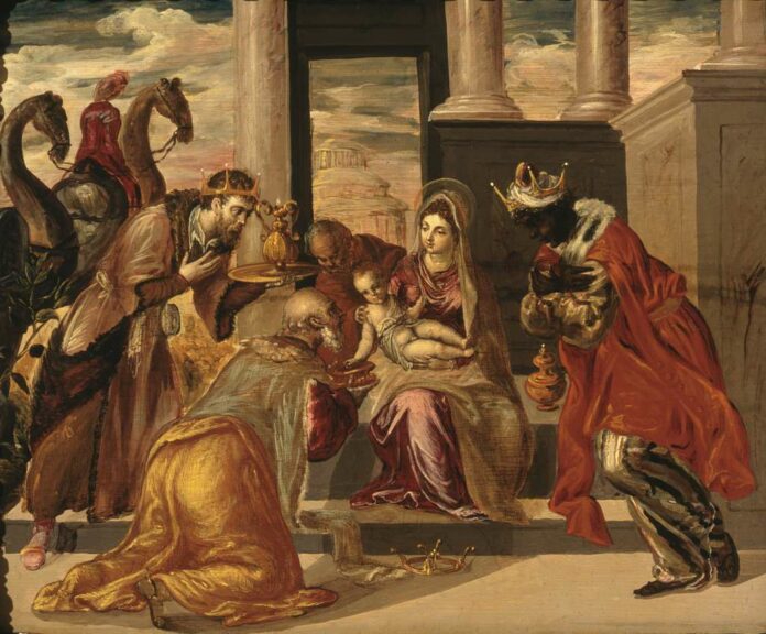 Els tres Reis d'Orient adorant el nen Jesús. Foto de Wikimeda Commons