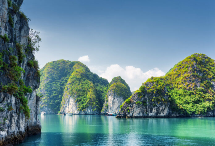 Beautiful azure water of lagoon in the Ha Long Bay, Vietnam
